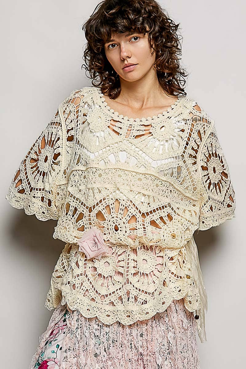 Round Neck Weaving Pattern Crochet half sleeve Top: Black / One Size Fits a Small to XXL
