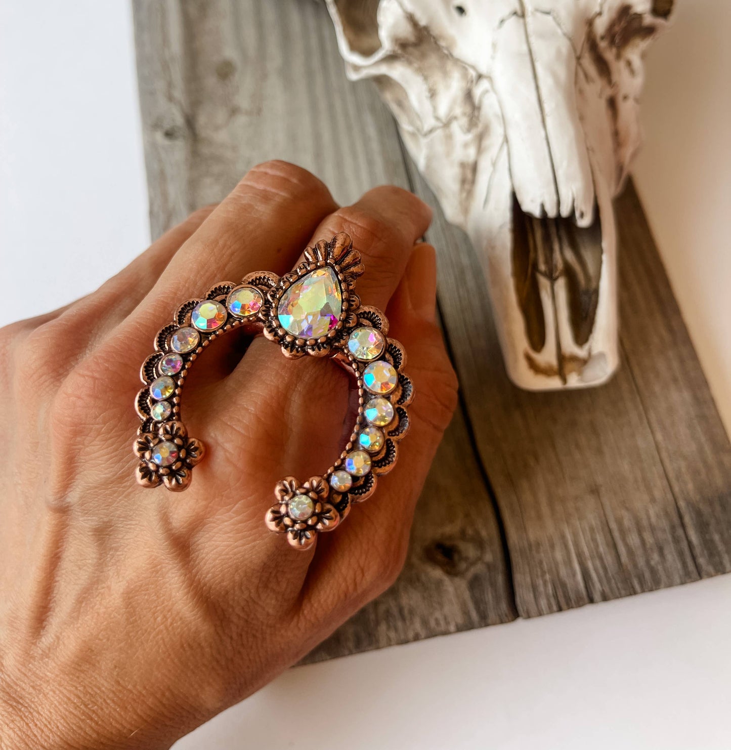Western Squash Blossom Concho Ring: PATINA TURQUOISE