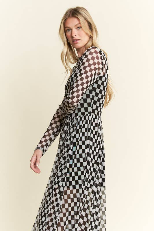 CHECKER PRINT MAXI DRESS: Black