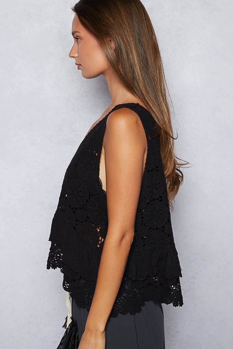 Black Swan Crochet Ruffle Embroidered Crop Top One Size Fits a Small to XL (2-16)