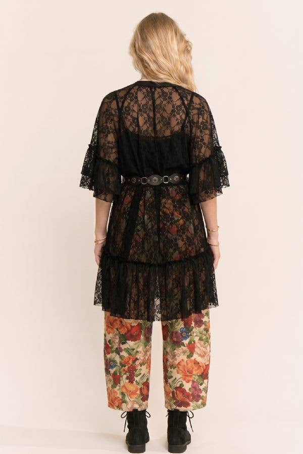 PT60110-PLUS SHEERED LACE TIERED SLEEVE FLOWY TUNIC TOP: Black / 2XL