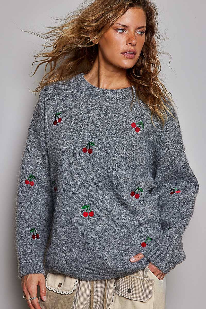 Vintage Cherry Embroidered Crew Neck Knit Oversize Sweater: GREY / OS
