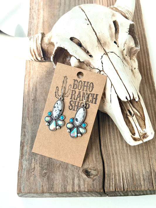 Western Style Turquoise Stone Rhinestone Dangle Earrings: White