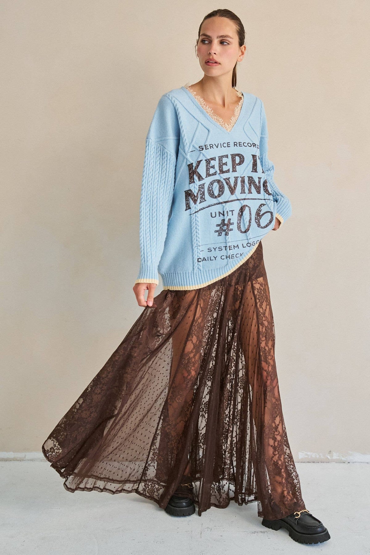 SHEER LACE FRONT SLIT MAXI SKIRT: Black