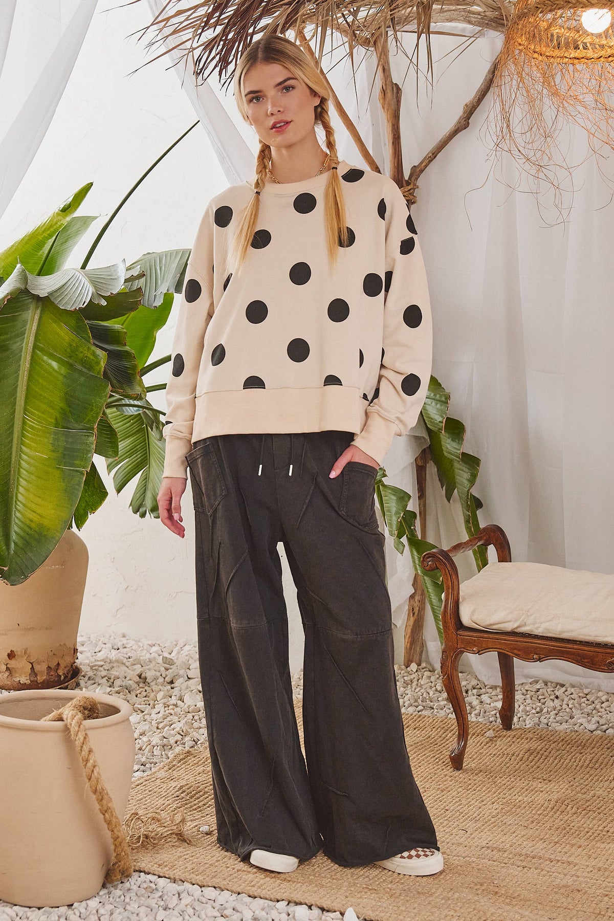PLUS SIZE POLKA DOT SWEATSHIRT: Beige