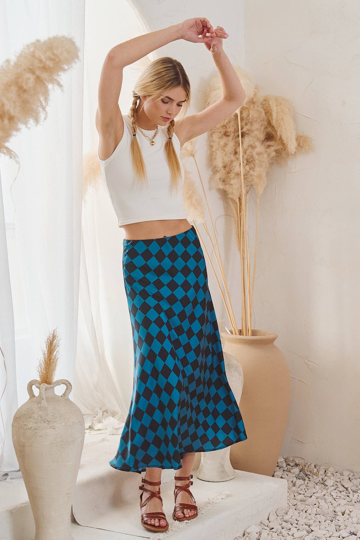 CHECKERED PRINT MIDI SKIRT: TEAL