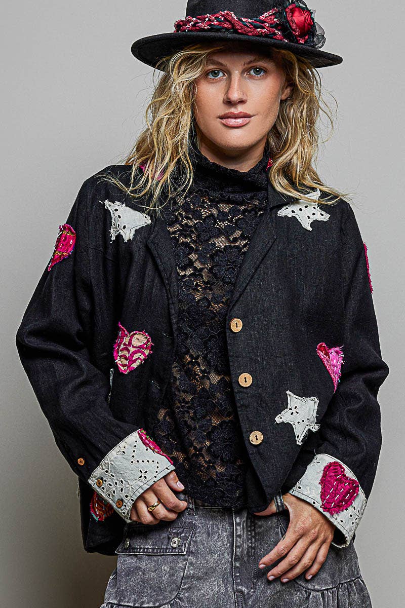 Notched Collar Star & Heart Applique Relaxed Blazer Jacket: Black