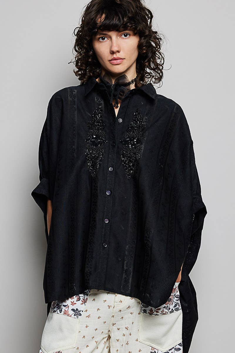 Lace Trim Point Half Sleeve Relaxed Fit Shirt Top: Black / M
