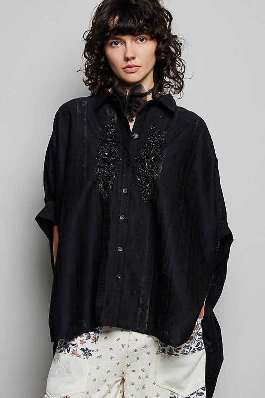 Lace Trim Point Half Sleeve Relaxed Fit Shirt Top: Black / S