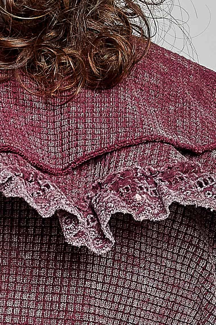 Gingham Lace Ruffle Tie Front Thermal Flared Cropped Top: BLOOD RED / M