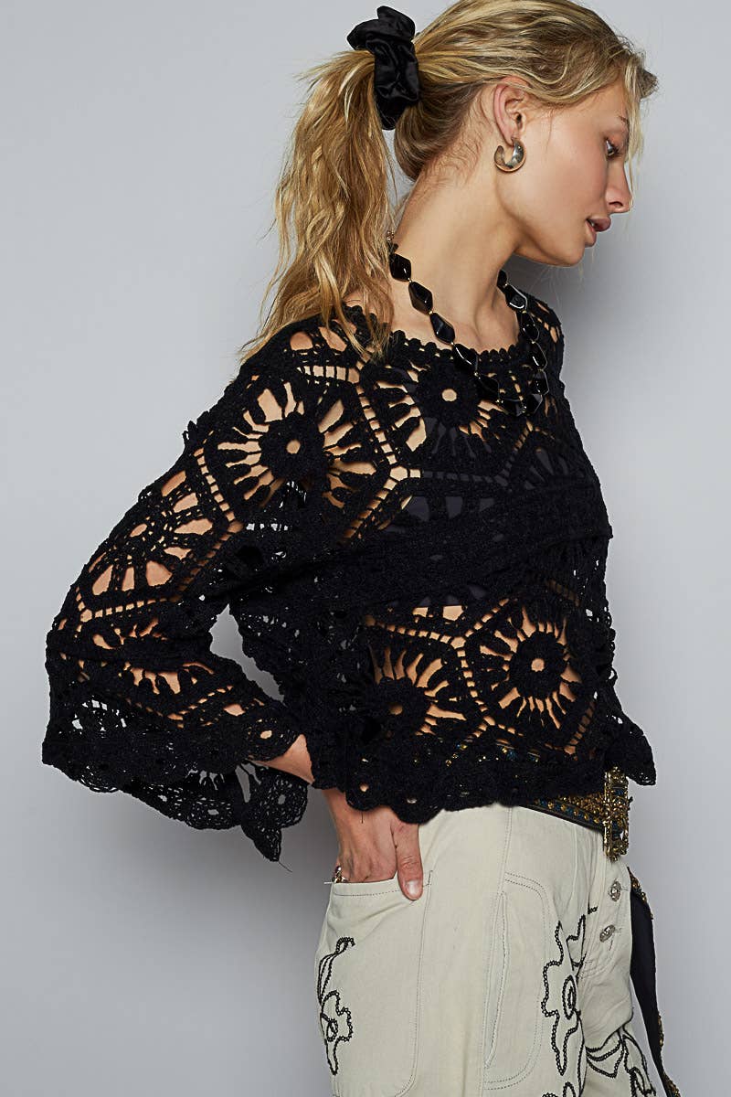 Black Crochet Crop Top 3/4 Sleeve OS Fits Size 2-14
