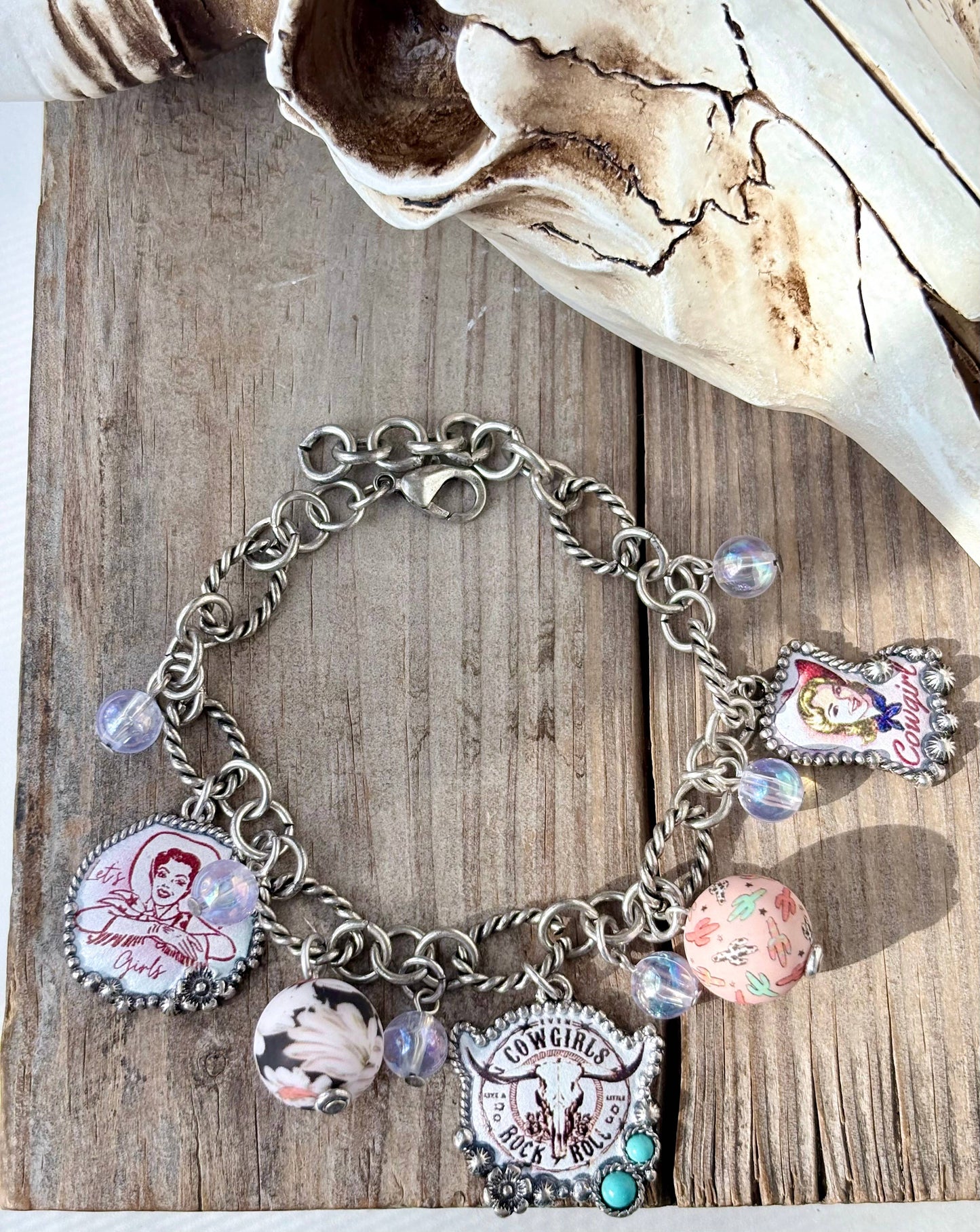 Western Style Multi Charm w/ Turquoise Stone Bracelet: Wild West