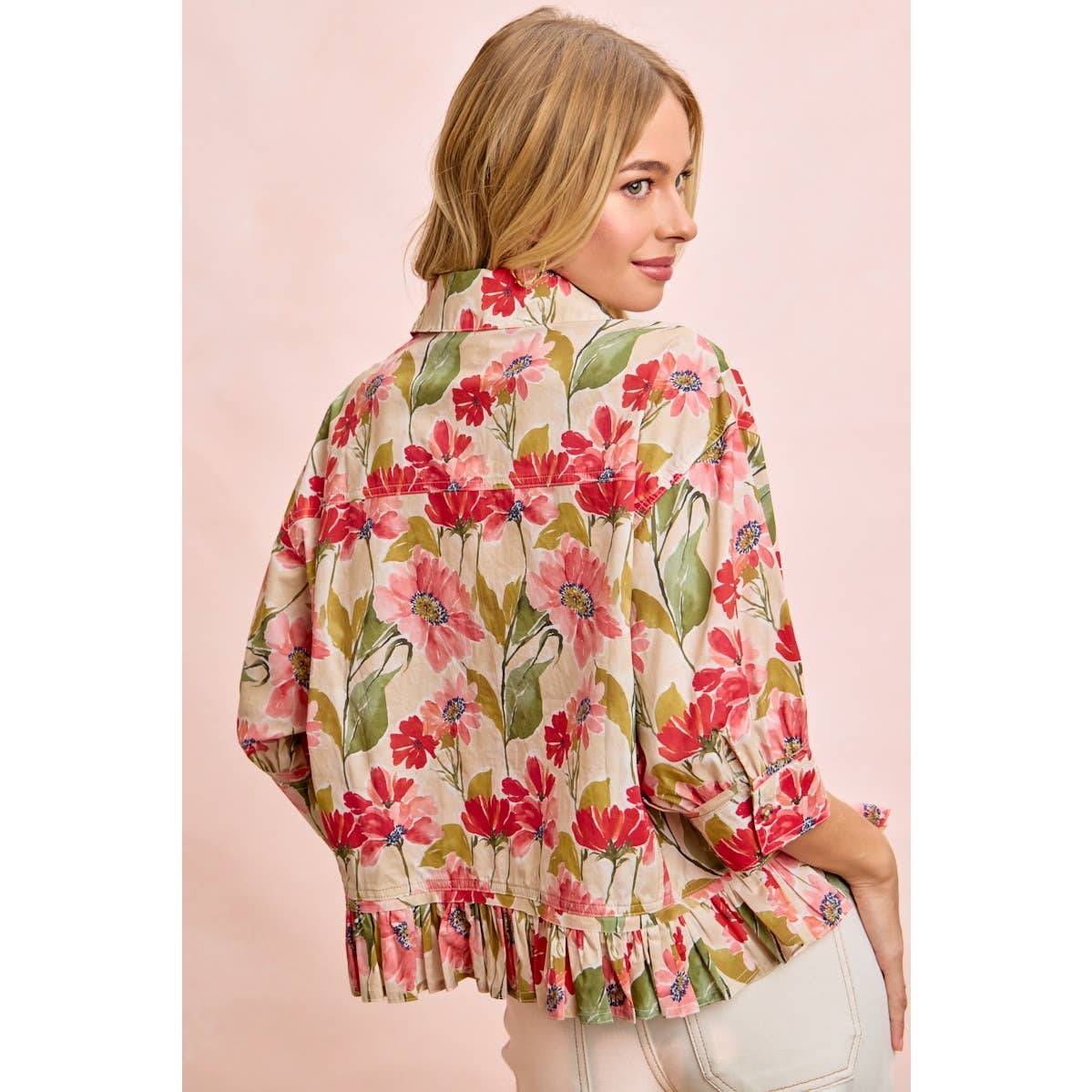 FLORAL PRINT RUFFLED HEM QUARTER SLEEVES SHIRT TOP: FLORAL / M