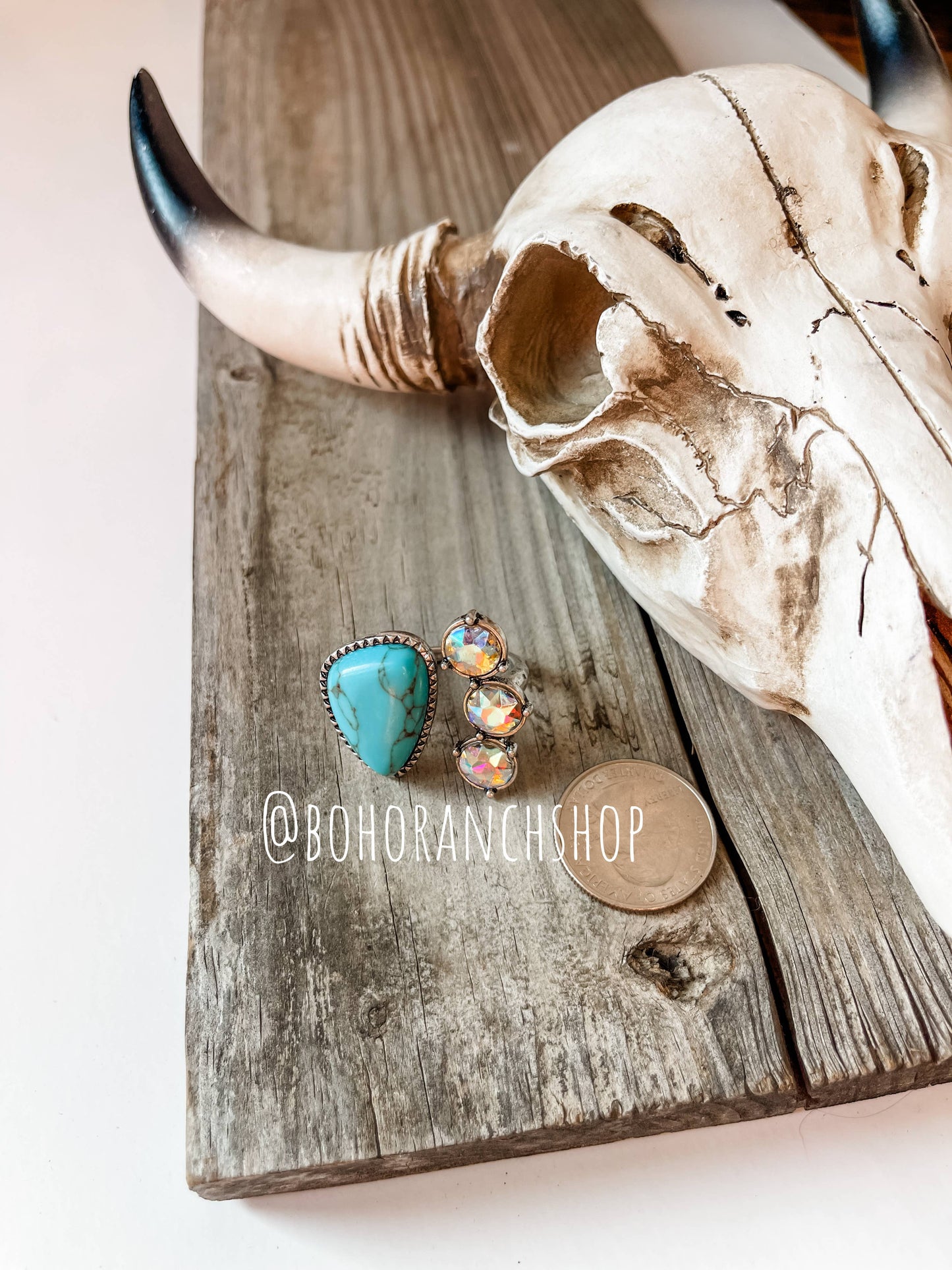 Glass Bling Stone Cuff Ring - Iridescent: TURQUOISE + FUSCHIA PINK STONE