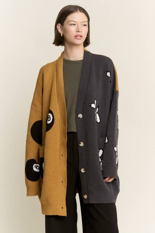 BALLOON DOG & 8BALL OVERSIZE CARDIGAN: MOCHA/CHARCOAL