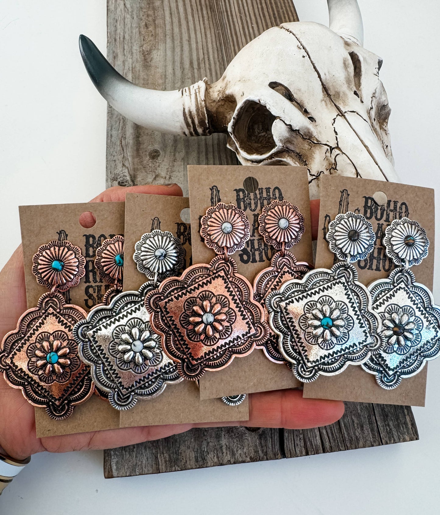 Western Textured Dangle Concho Earrings: SILVER - TURQUOISE