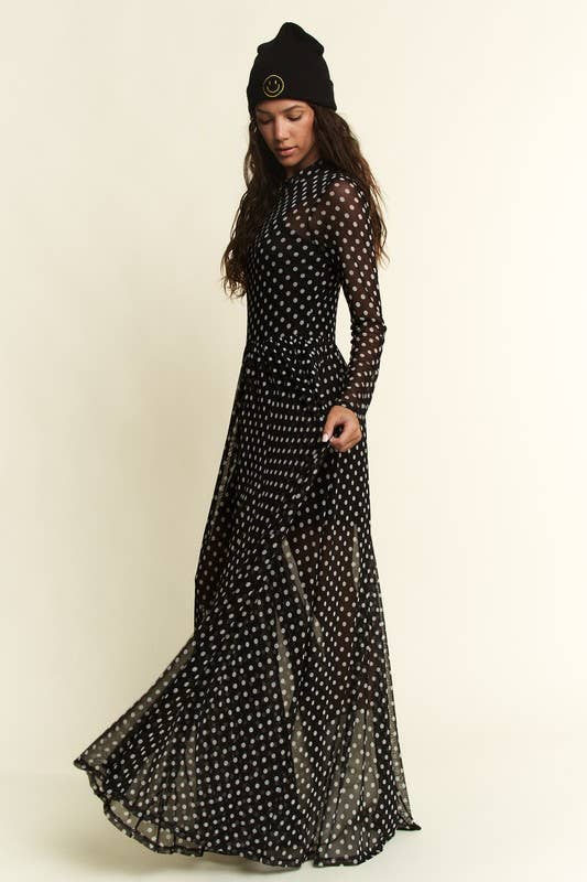 POLKA DOT PRINT MESH MAXI DRESS: Black