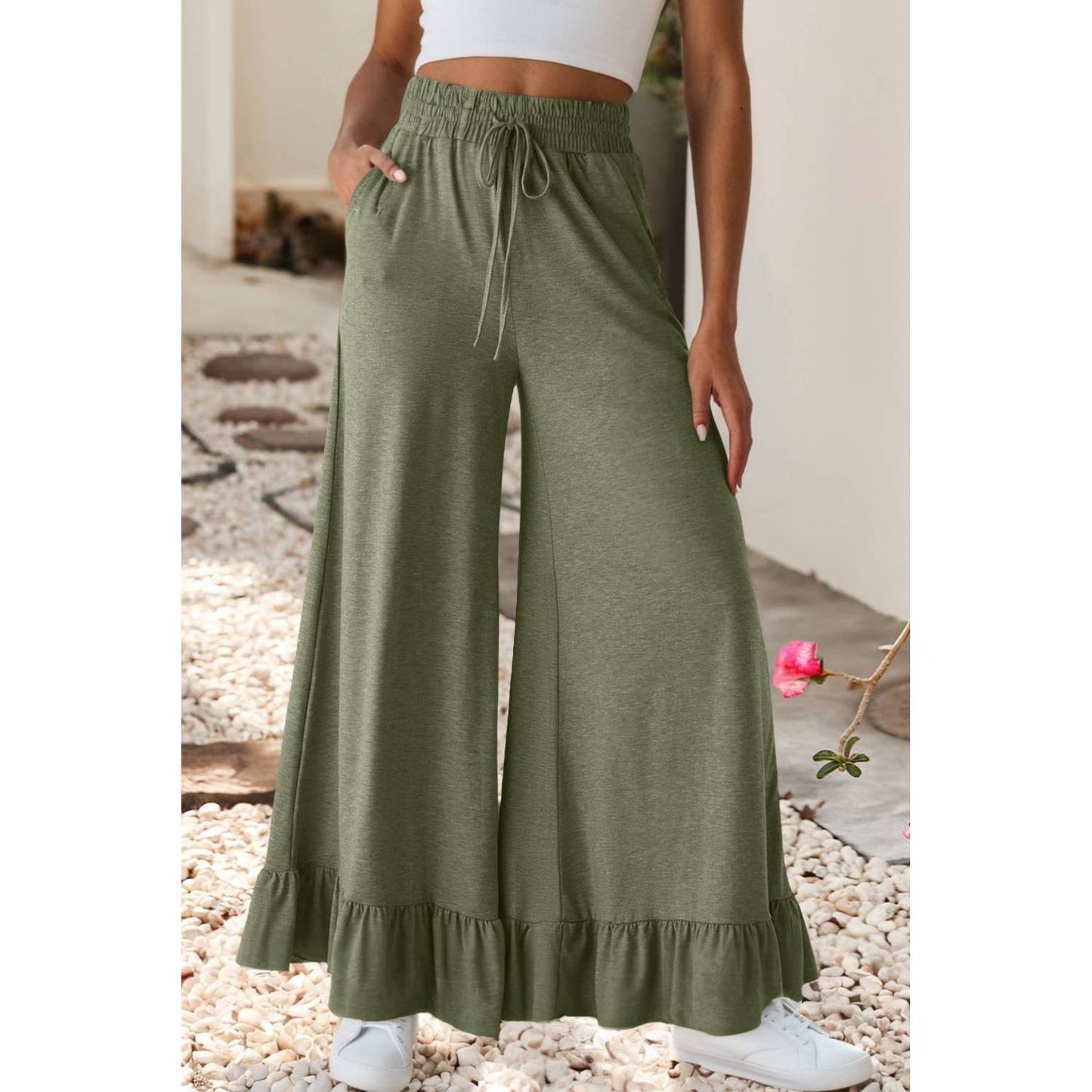 LDC Ruffled Wide Leg Pull On High Waist Pants: Black / M