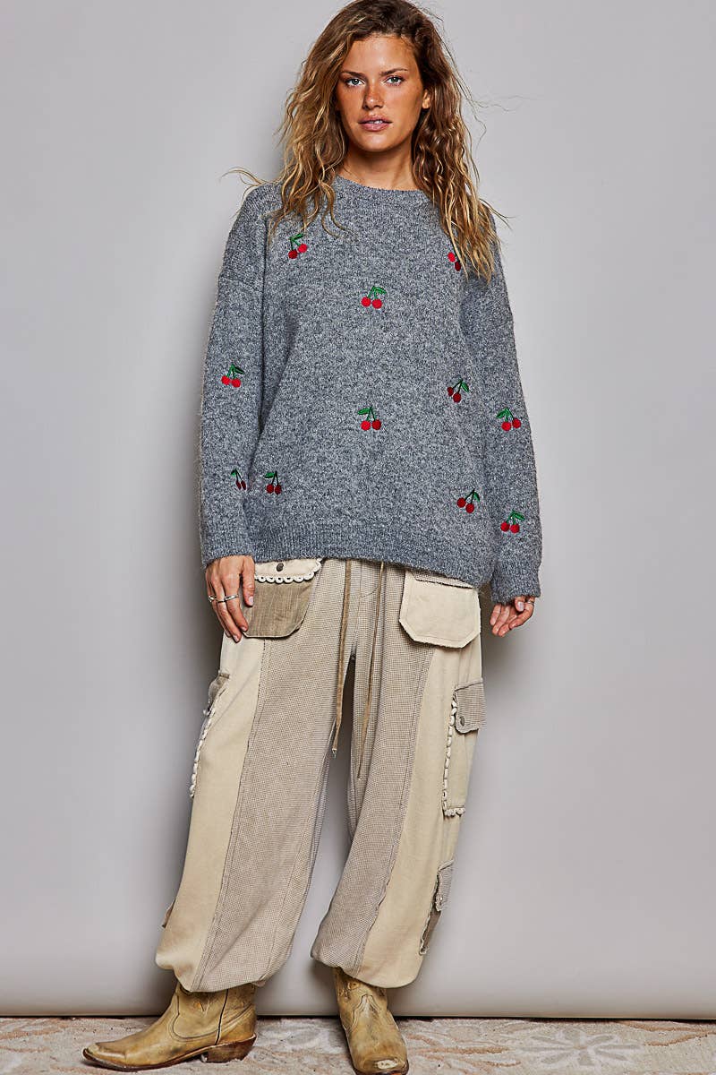 Vintage Cherry Embroidered Crew Neck Knit Oversize Sweater: GREY / OS