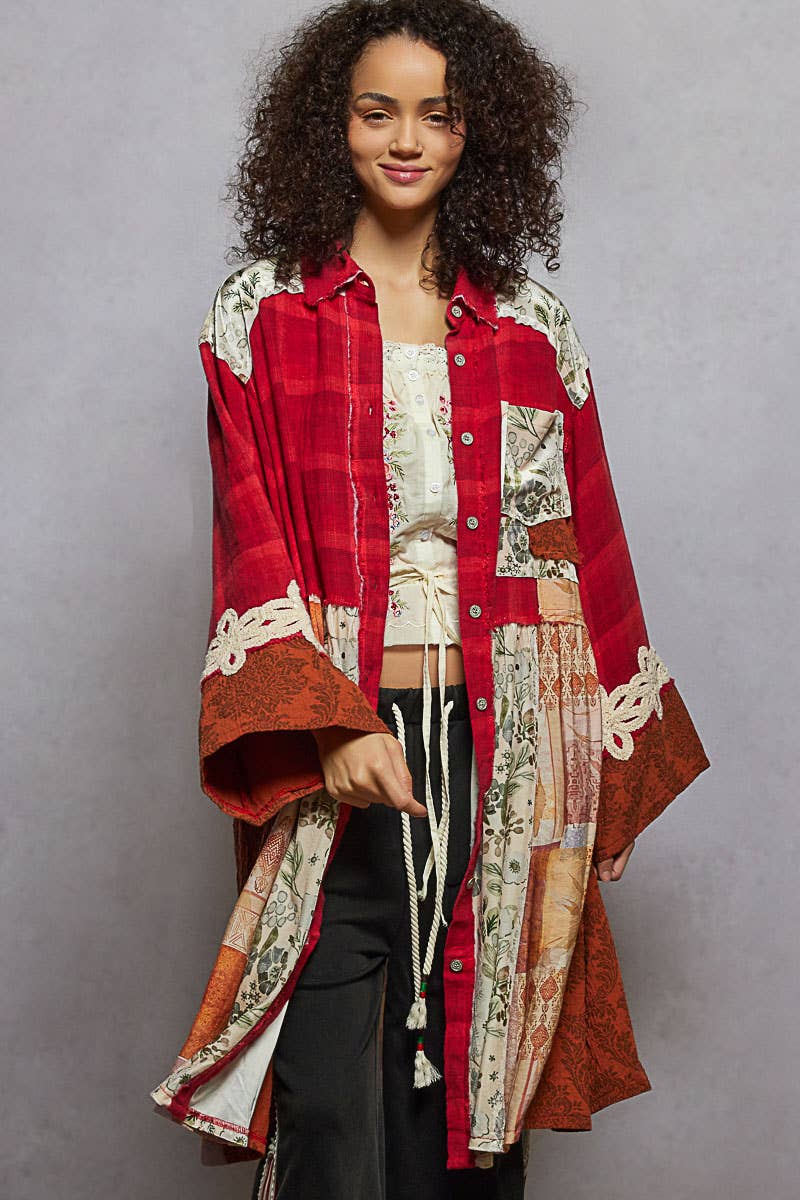 Long sleeve spangle crochet trim plaid knee length shirt top: RED MULTI / M