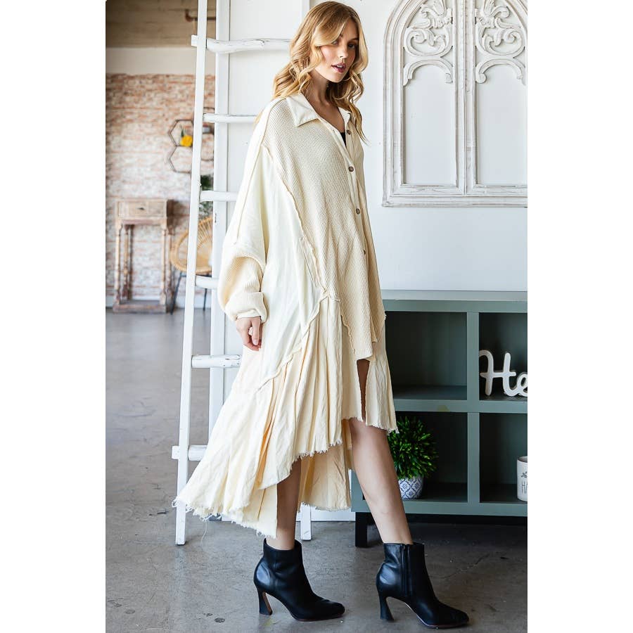 WASHED WAFFLE LONGLINE RUFFLE HEM SHIRT: CREAM / ONE SIZE
