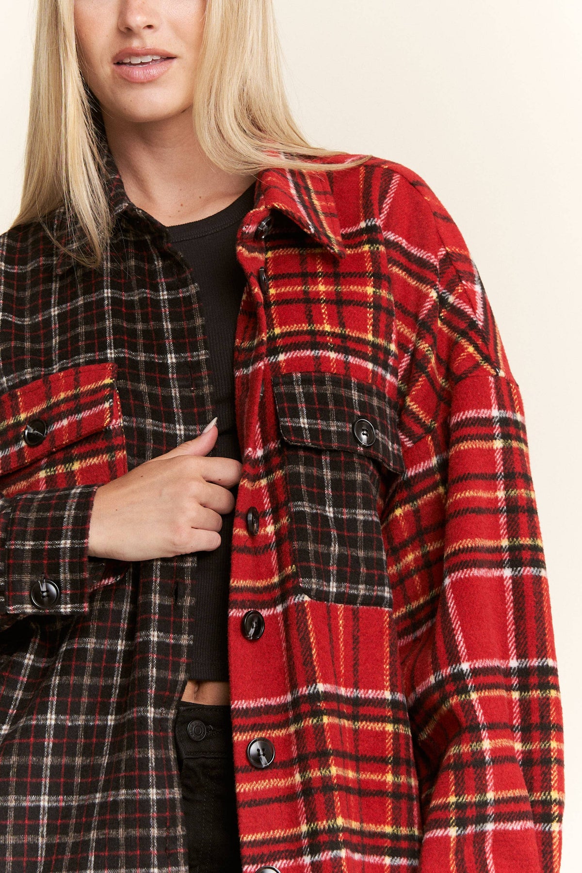 PLUS SIZE OPPOSITES ATTRACT FLANNEL JACKET: BLACK/RED / 1X/2XL