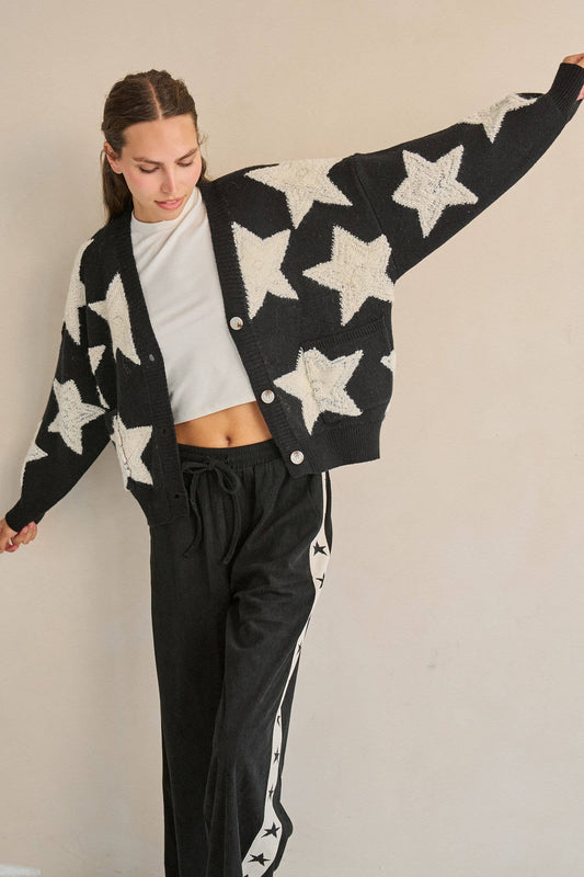 TEXTURED STAR KNIT CARDIGAN: BLACK