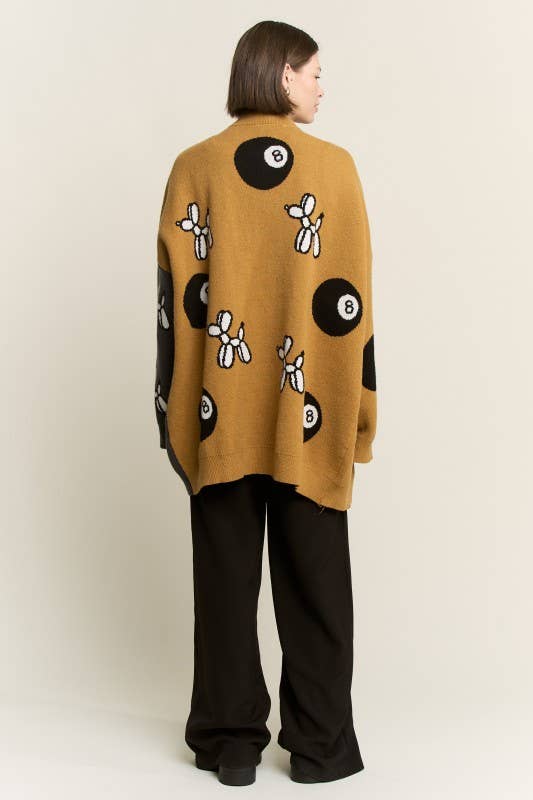 PLUS SIZE BALLOON DOG & 8BALL OVERSIZE CARDIGAN: MOCHA/CHARCOAL 1X/2X