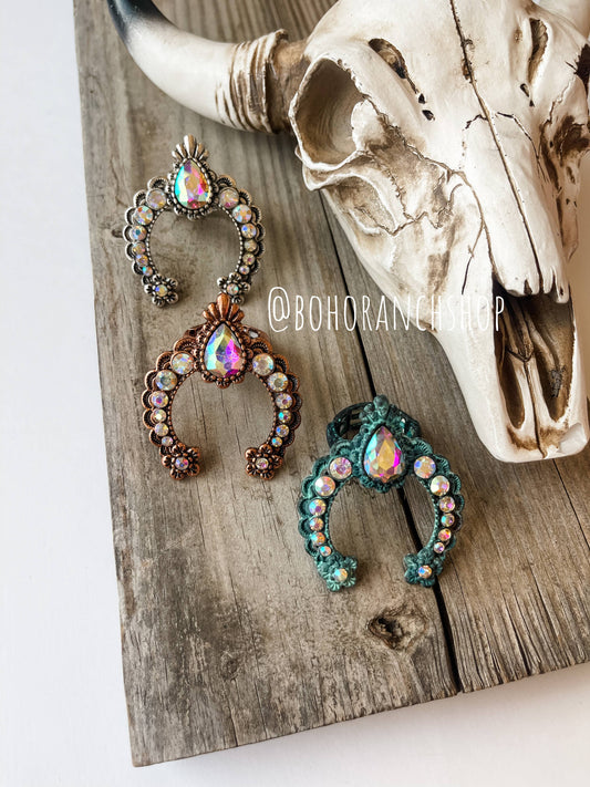 Western Squash Blossom Concho Ring: PATINA TURQUOISE