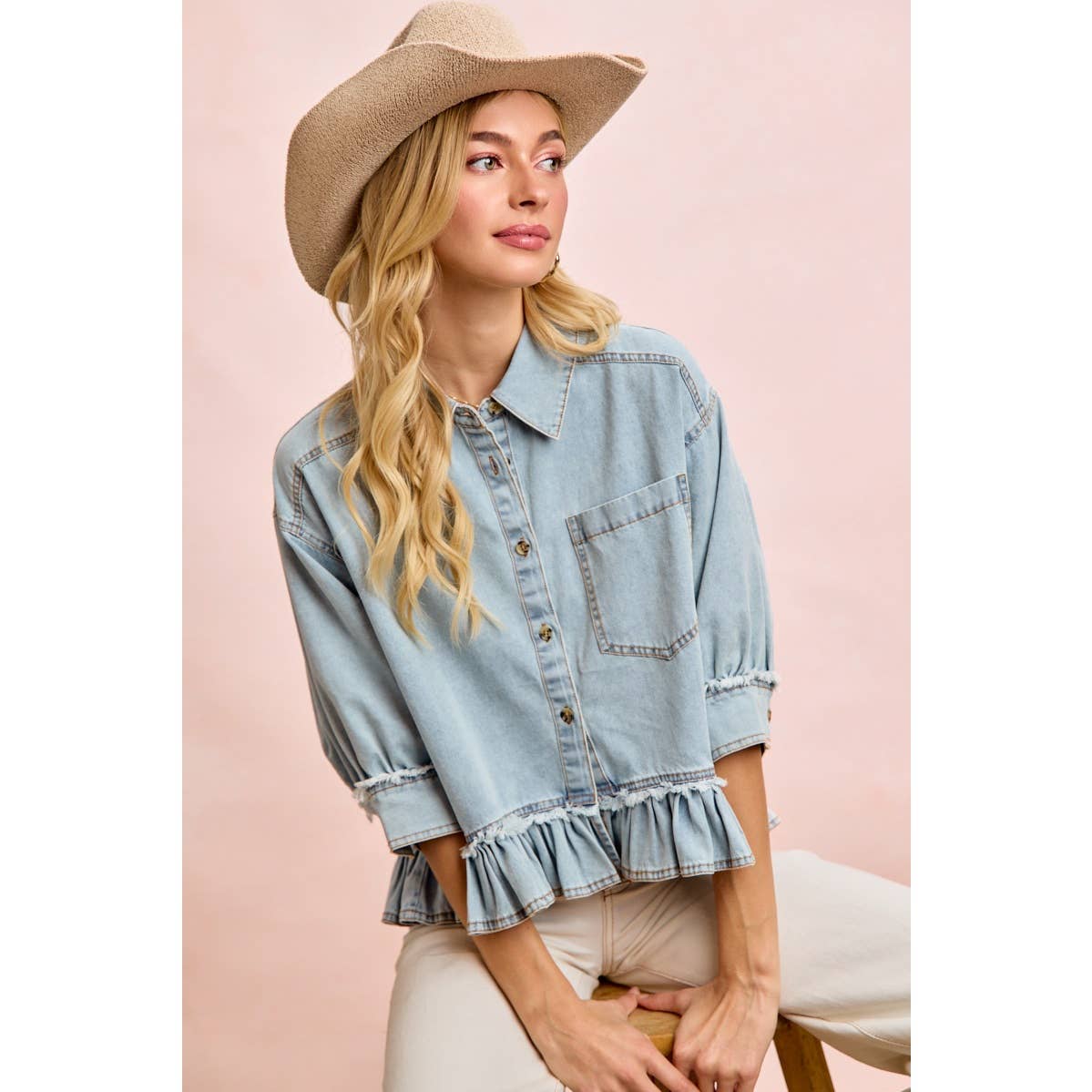 WASHED DENIM RUFFLED HEM BUTTON UP SHIRT: WASHED DENIM / S-XL