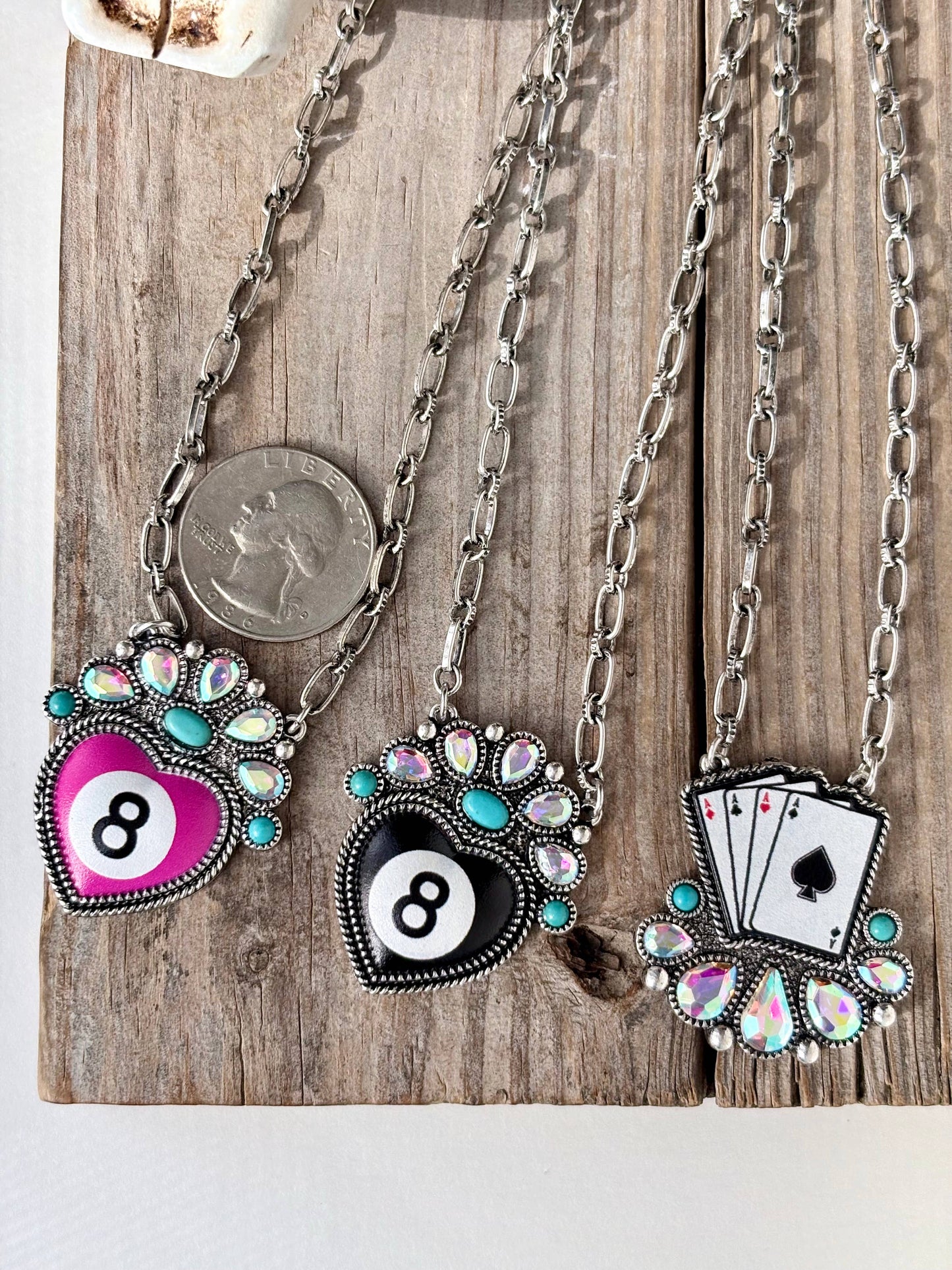 Western Style Magic 8 Heart Pendant Rhinestone Necklace: Black