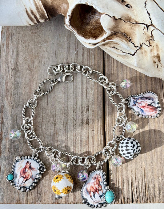 Western Style Multi Charm w/ Turquoise Stone Bracelet: Wild West