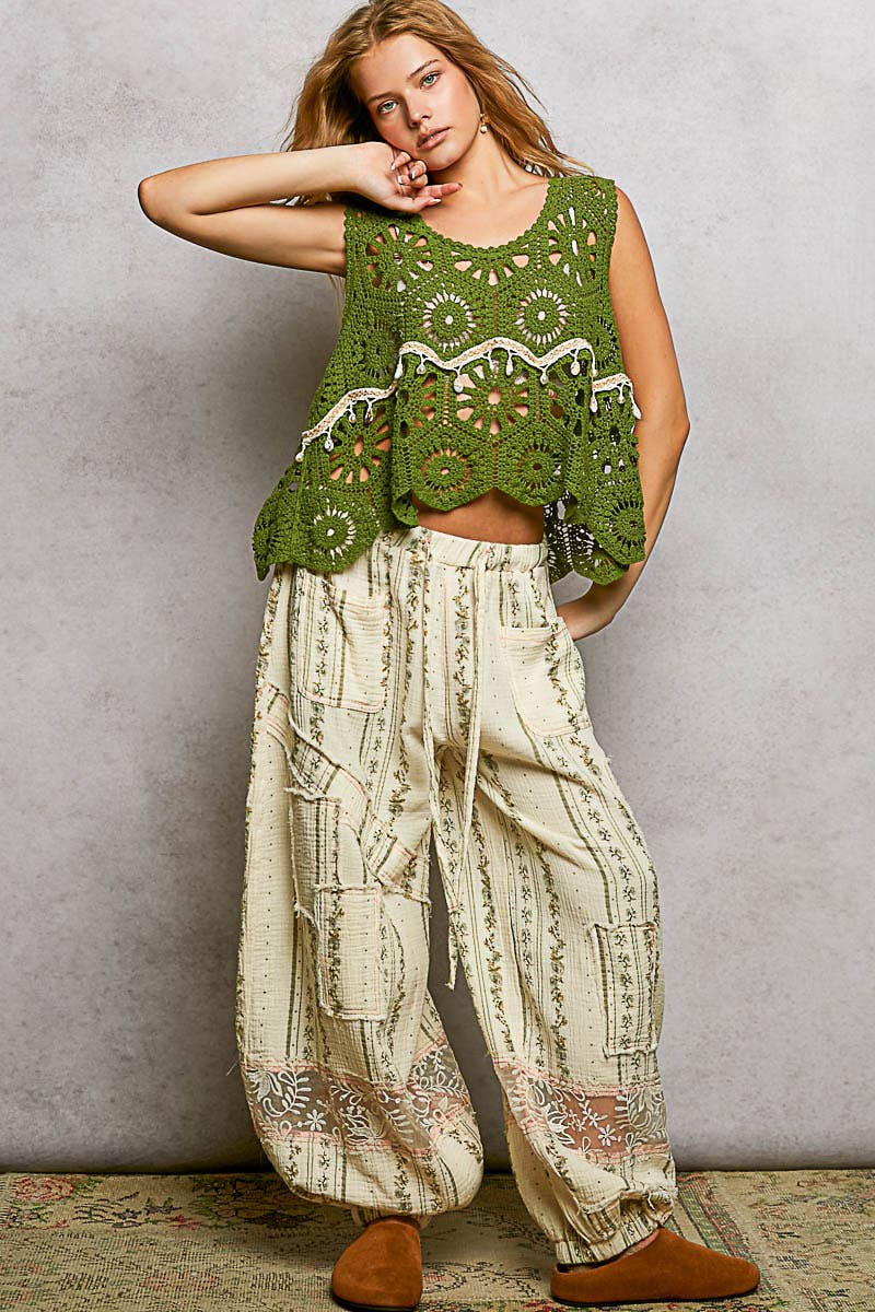 Round Neck Sleeveless Solid Crochet Top: GRASS GREEN / One Size Fits a Small to XXL