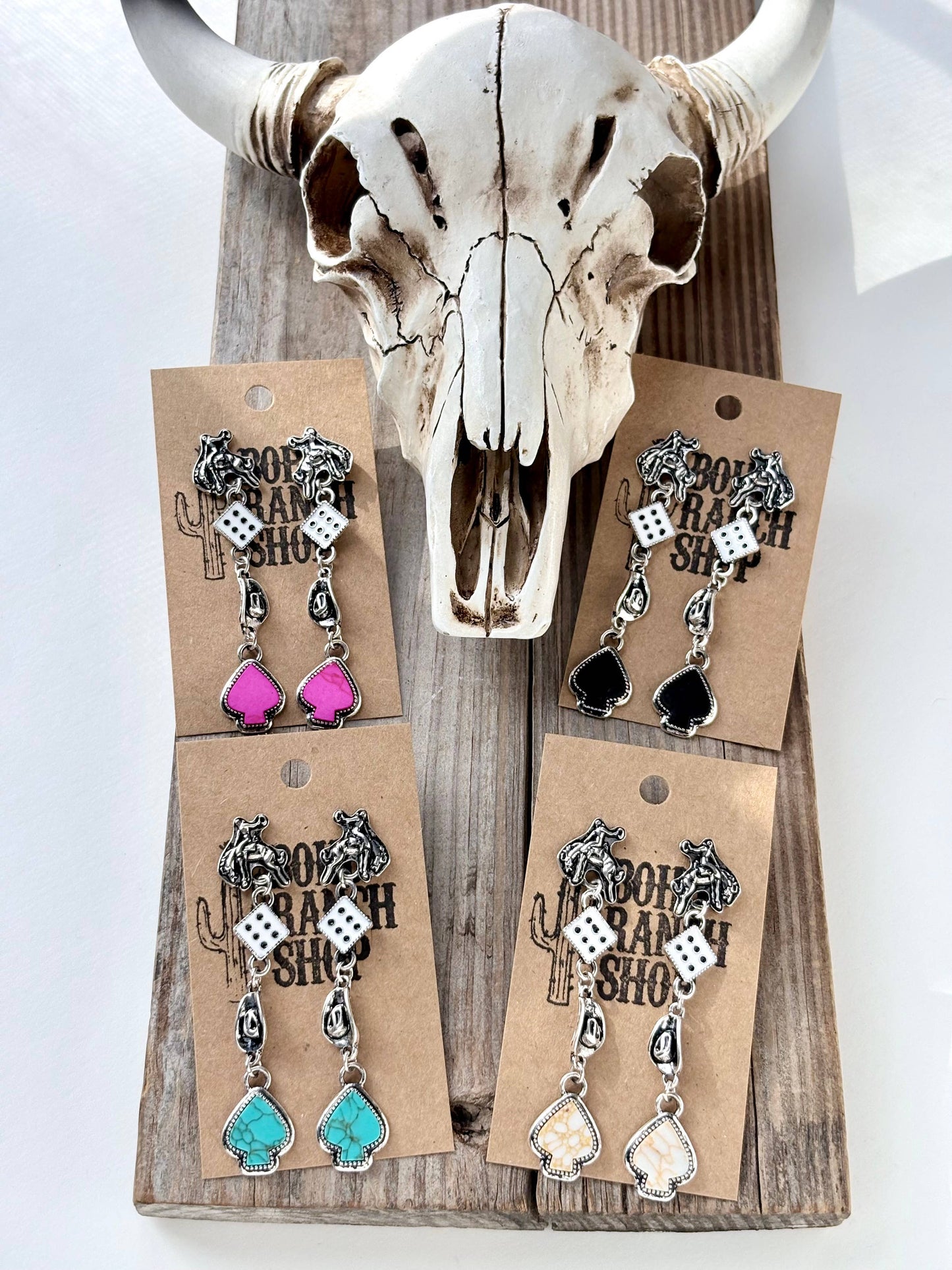 4 Tier Western Rodeo Dice Spade Stone Post Drop Earrings: Pink