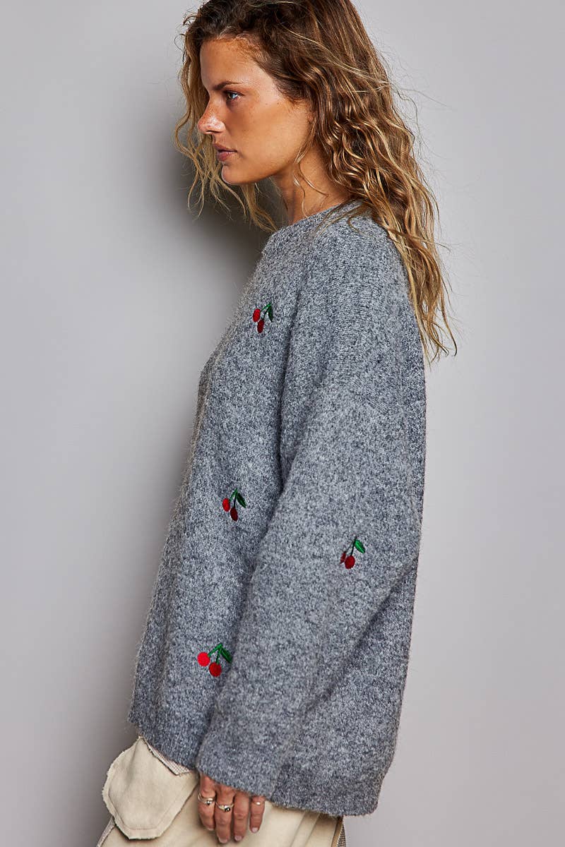 Vintage Cherry Embroidered Crew Neck Knit Oversize Sweater: GREY / OS