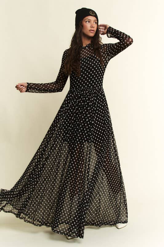 POLKA DOT PRINT MESH MAXI DRESS: Black
