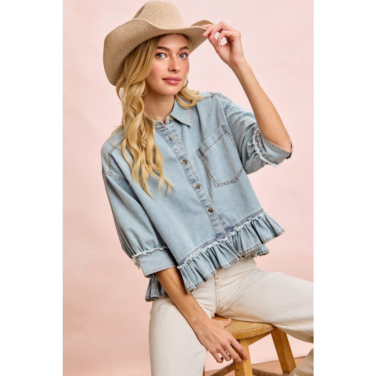 WASHED DENIM RUFFLED HEM BUTTON UP SHIRT: WASHED DENIM / S-XL