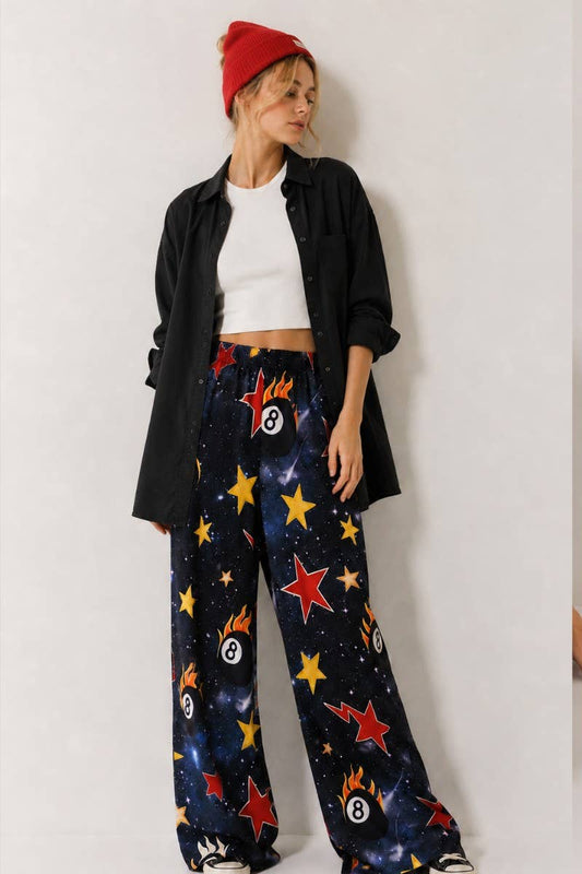 GALAXY 8-BALL PRINT WIDE LEG PANTS: DARK NAVY