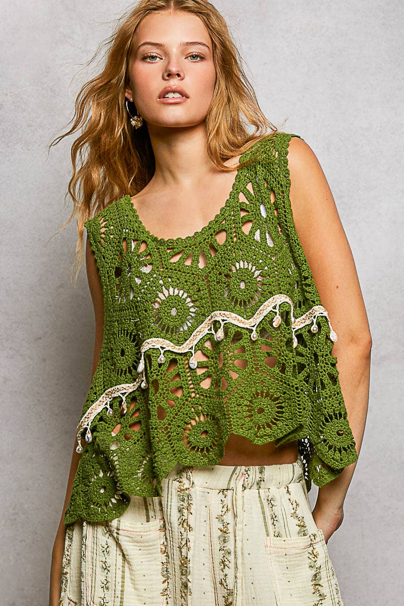 Round Neck Sleeveless Solid Crochet Top: GRASS GREEN / One Size Fits a Small to XXL