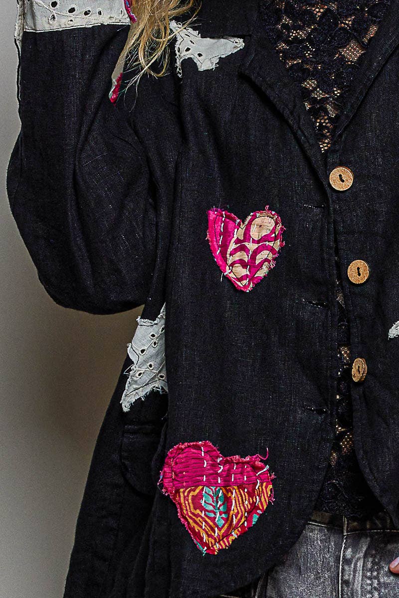 Notched Collar Star & Heart Applique Relaxed Blazer Jacket: Black