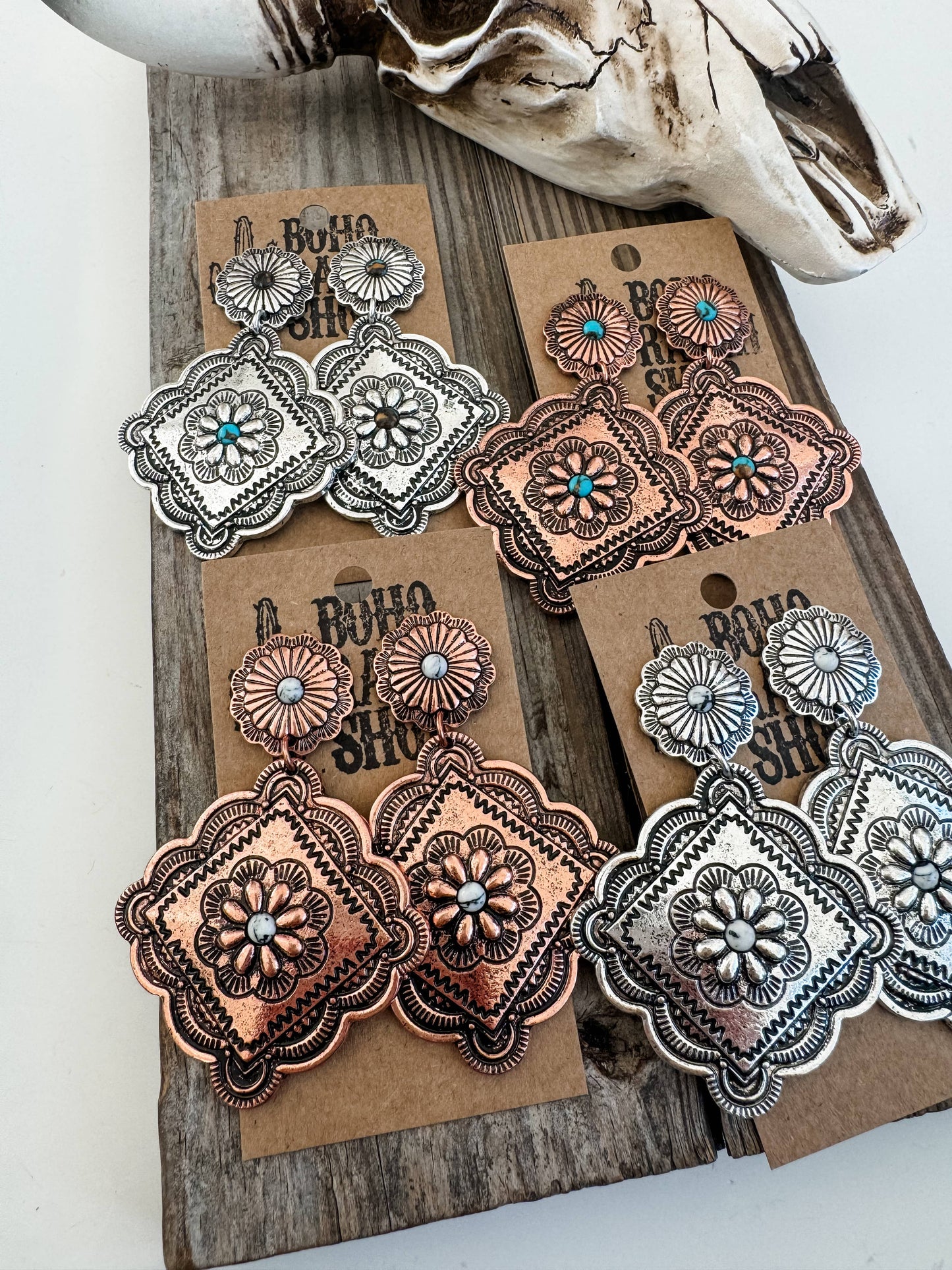 Western Textured Dangle Concho Earrings: SILVER - TURQUOISE