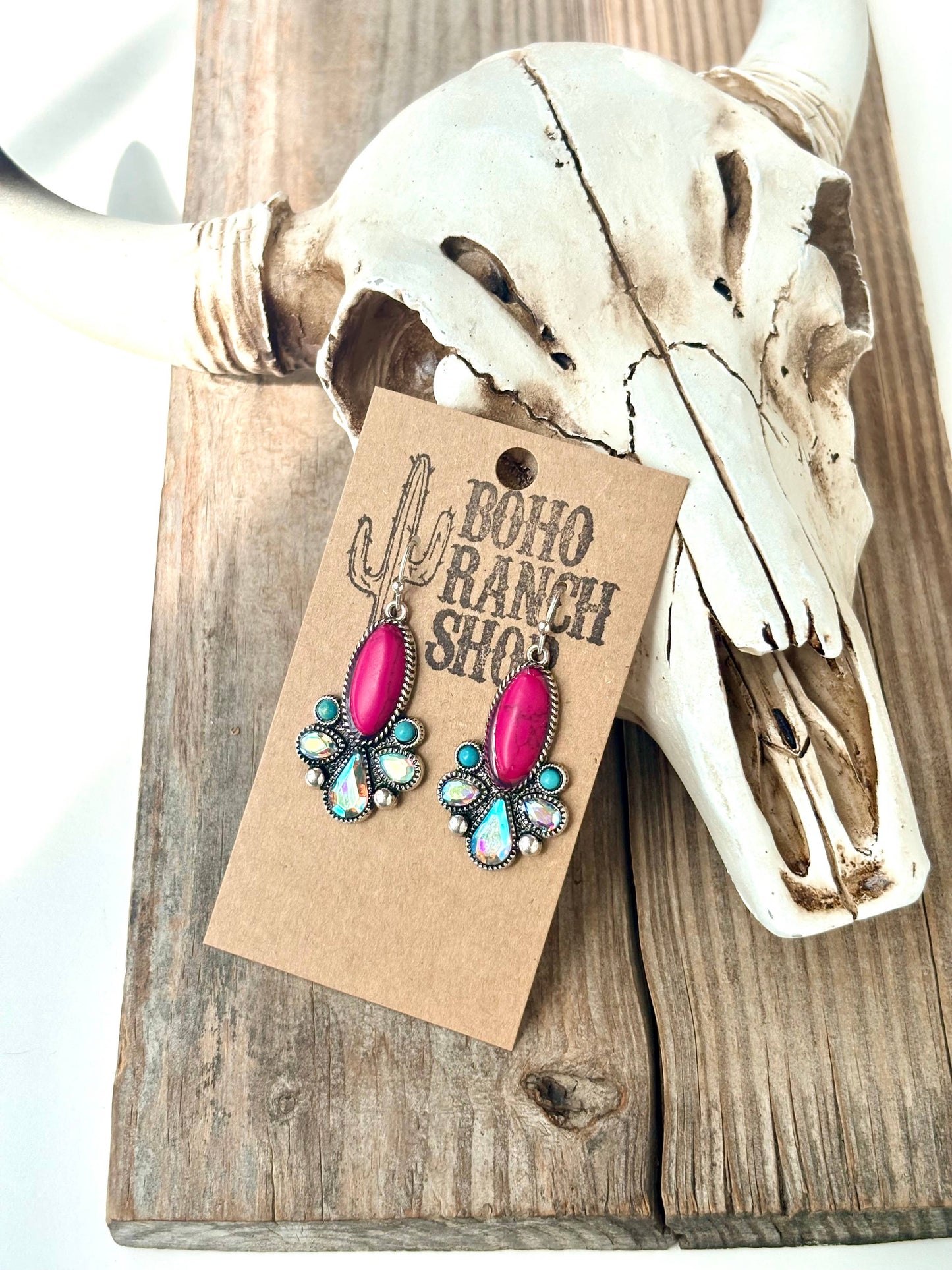 Western Style Turquoise Stone Rhinestone Dangle Earrings: White