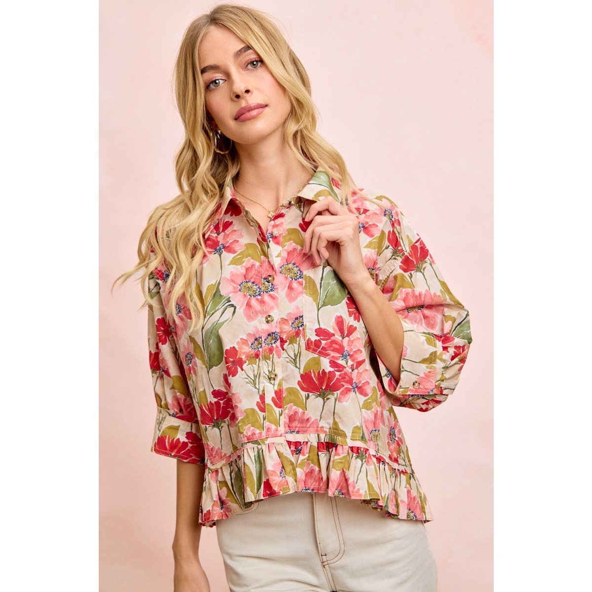 FLORAL PRINT RUFFLED HEM QUARTER SLEEVES SHIRT TOP: FLORAL / M