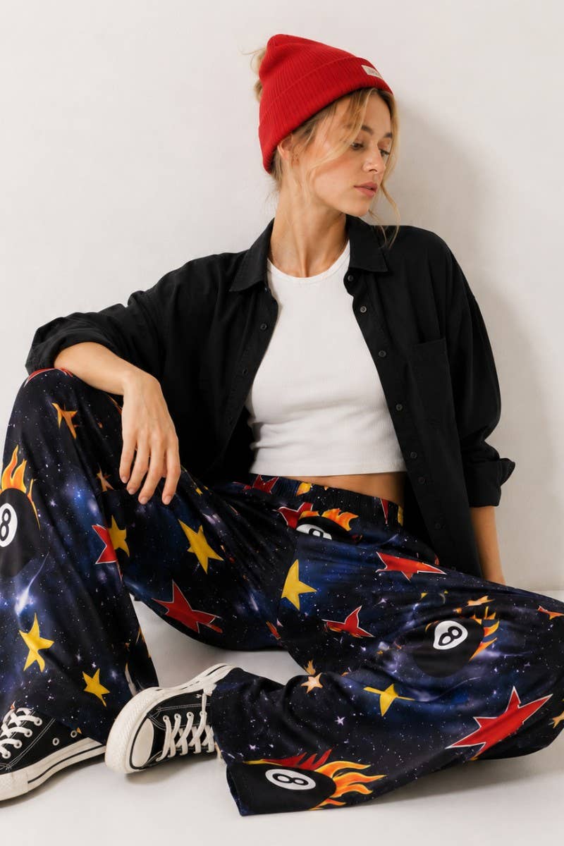 GALAXY 8-BALL PRINT WIDE LEG PANTS: DARK NAVY