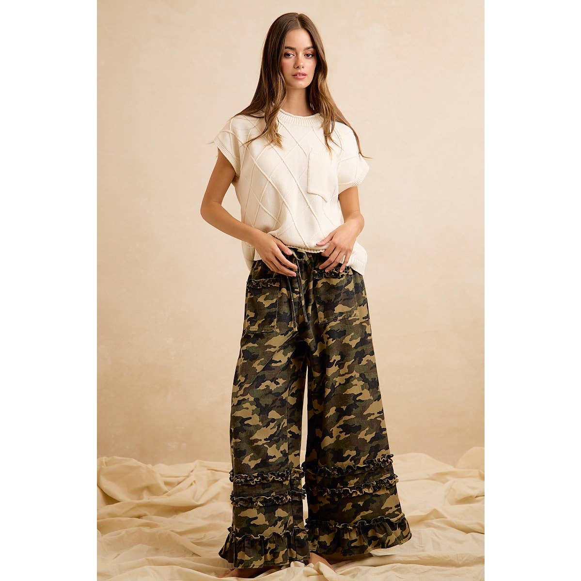 CAMOUFLAGE PRINTED TWILL RUFFLED DETAIL WIDE PANTS: CAMOUFLAGE / L 10-14