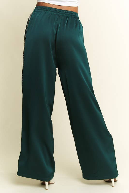 PLUS SIZE SOLID SATIN SWEATPANTS WITH SIDE CHECKERBOARD TAPE: Black