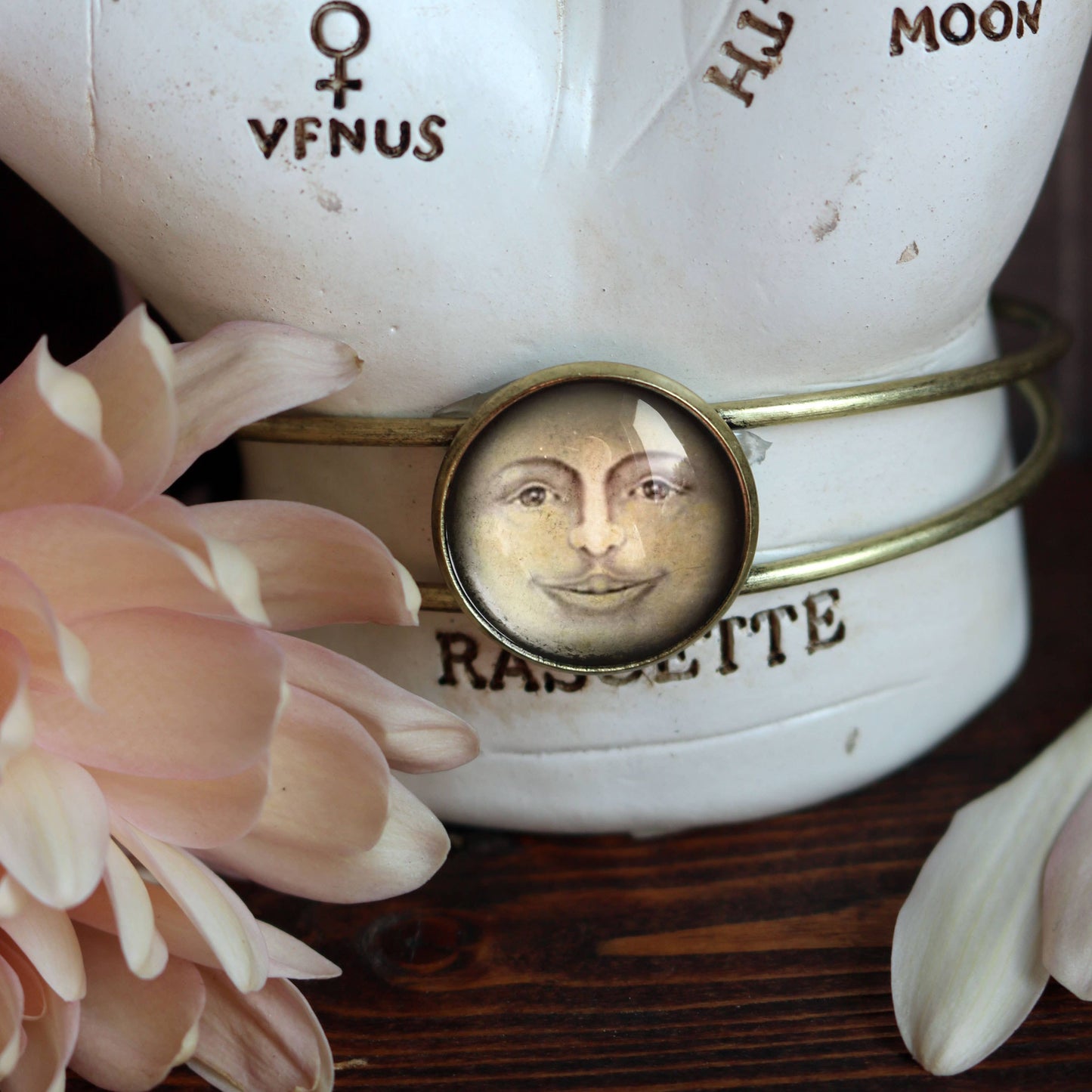 Victorian Man in the Moon Glass Cabochon Cuff Bracelet