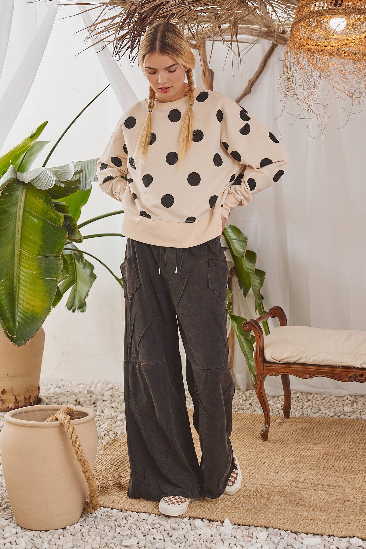 PLUS SIZE POLKA DOT SWEATSHIRT: Beige