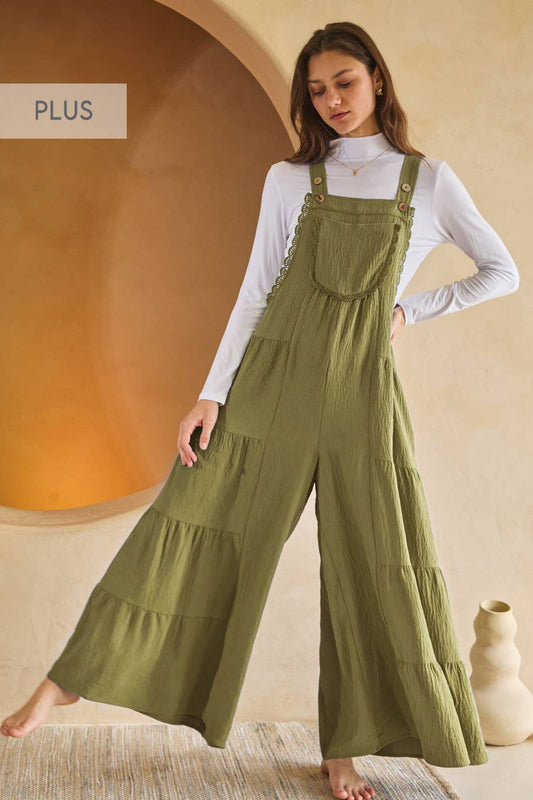 Plus Solid Airflow Tired Wide Leg Overall Jumpsuit: Olive / 3XL