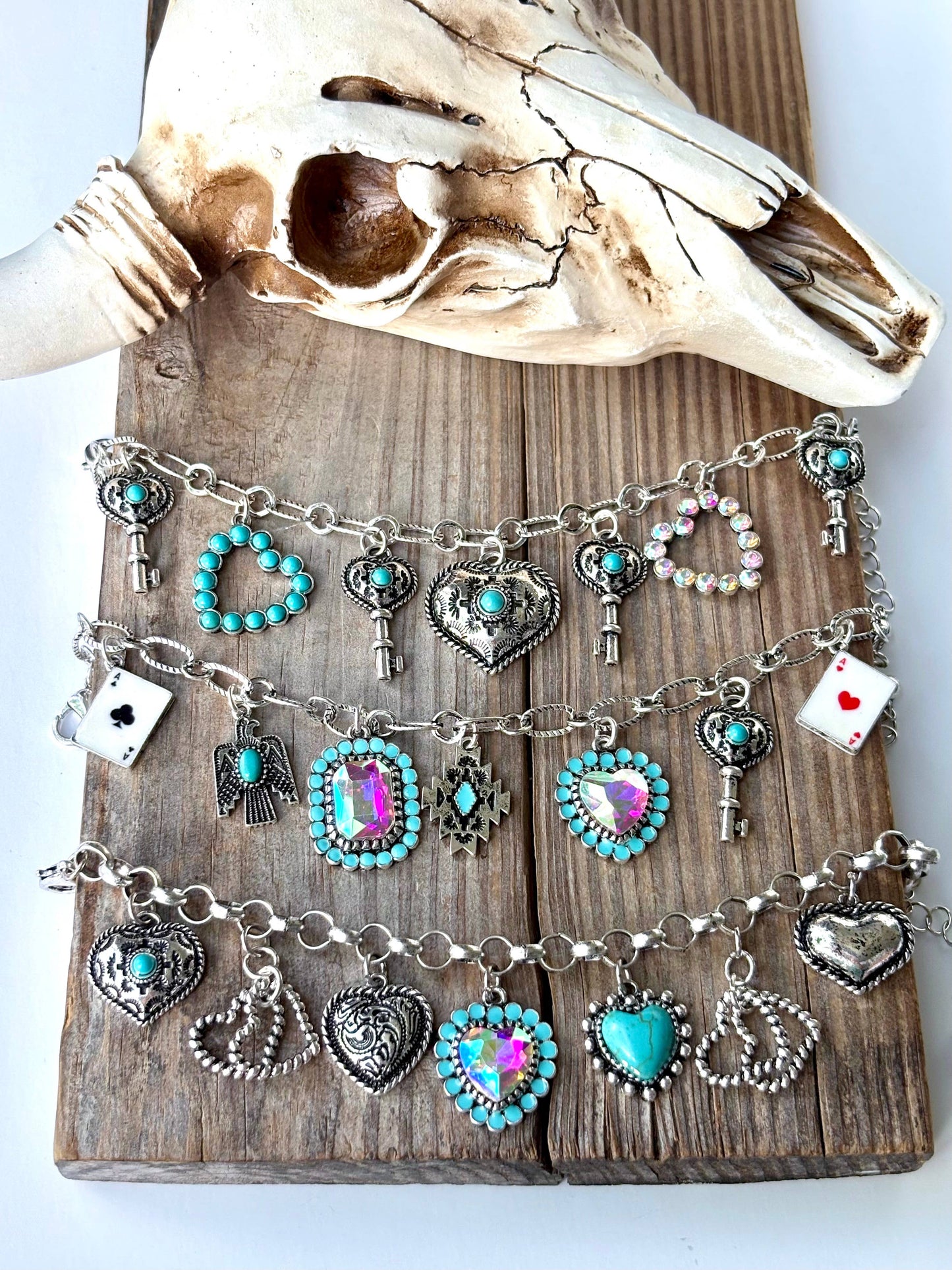 Western Style Stone Multi Charm Chunky Chain Bracelet : Heart Heart